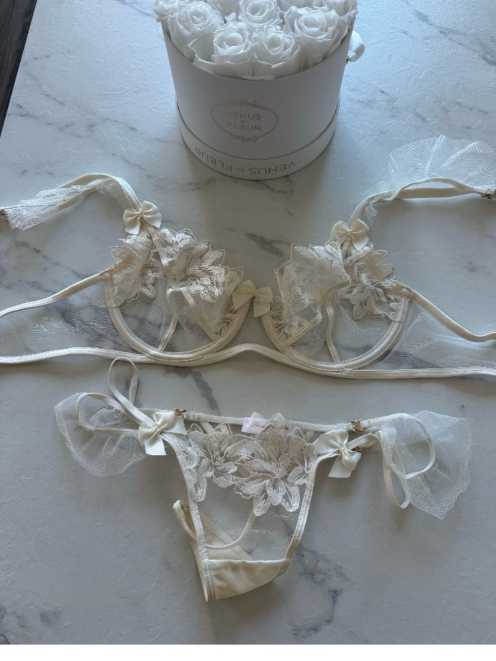 Honey Birdette Ivory Floral Lace Sheer Bra & Thong Set